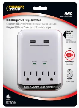 PowerZone ORUSB343S USB Charger, 125 V, 15 A, 3-Outlet, 950 Joules Energy, White