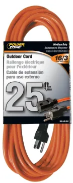 PowerZone OR501625 Extension Cord, 16 AWG Cable, 5-15P Grounded Plug, 5-15R Grounded Receptacle, 25
