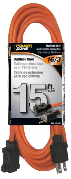 PowerZone OR501615 Extension Cord, 16 AWG Cable, 5-15P Grounded Plug, 5-15R Grounded Receptacle, 15