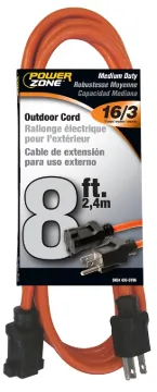 PowerZone OR501608 Extension Cord, 16 AWG Cable, 5-15P Grounded Plug, 5-15R Grounded Receptacle, 8 f
