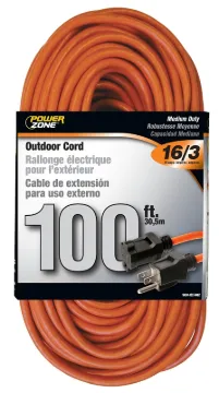 PowerZone OR501635 Extension Cord, 16 AWG Cable, 5-15P Grounded Plug, 5-15R Grounded Receptacle, 100