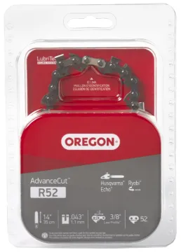 Oregon AdvanceCut R52 Chainsaw Chain, 14 in L Bar, 0.043 Gauge, 3/8 in TPI/Pitch, 52-Link