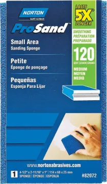 NORTON ProSand 82072 Sanding Sponge, 4-1/2 in L, 2-11/16 in W, 120 Grit, Fine, Aluminum Oxide Abrasi