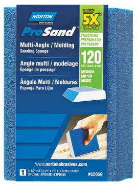NORTON ProSand 82069 Sanding Sponge, 4-1/2 in L, 3-11/16 in W, 120 Grit, Medium, Aluminum Oxide Abra