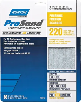 NORTON ProSand 02616 Sanding Sheet, 11 in L, 9 in W, Very Fine, 220 Grit, Aluminum Oxide Abrasive, F