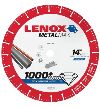 Lenox MetalMax 1972932 Cut-Off Wheel, 14 in Dia, 5/32 in Thick, 1 in Arbor, 25, 30 Grit, Diamond Abr