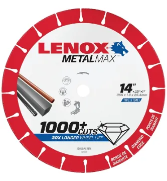 Lenox MetalMax 1972929 Cut-Off Wheel, 14 in Dia, 0.13 in Thick, 1 in Arbor, 25, 30 Grit, Diamond Abr