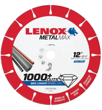 Lenox MetalMax 1972927 Cut-Off Wheel, 12 in Dia, 0.13 in Thick, 1 in Arbor, 25, 30 Grit, Diamond Abr