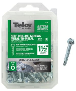 Teks 21344 Screw, #12 Thread, 1-1/2 in L, Coarse Thread, Hex Drive, Self-Drilling, Self-Tapping Poin