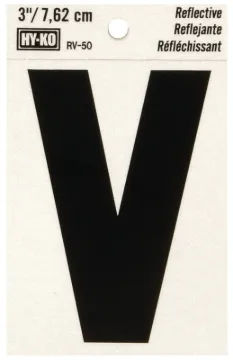 HY-KO RV-50/V Reflective Letter, Character: V, 3 in H Character, Black Character, Silver Background,