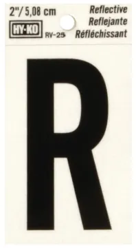 HY-KO RV-25/R Reflective Letter, Character: R, 2 in H Character, Black Character, Silver Background,