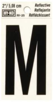 HY-KO RV-25/M Reflective Letter, Character: M, 2 in H Character, Black Character, Silver Background,