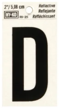 HY-KO RV-25/D Reflective Letter, Character: D, 2 in H Character, Black Character, Silver Background,