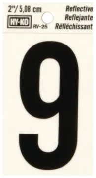 HY-KO RV-25/9 Reflective Sign, Character: 9, 2 in H Character, Black Character, Silver Background, V
