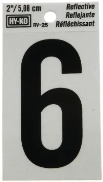 HY-KO RV-25/6 Reflective Sign, Character: 6, 2 in H Character, Black Character, Silver Background, V