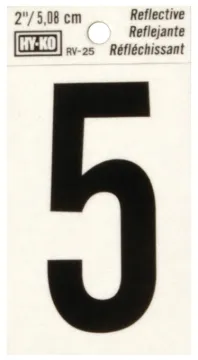 HY-KO RV-25/5 Reflective Sign, Character: 5, 2 in H Character, Black Character, Silver Background, V