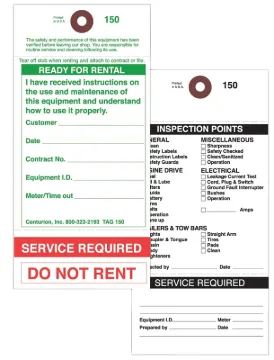 Centurion TAG150PT1 Rental Item Tag, READY-TO-RENT/SERVICE REQUIRED, 3-1/8 in W x 6-1/4 in H Dimensi