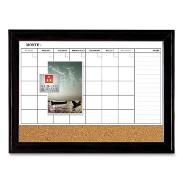 Magnetic Combination Dry Erase Calendar/Cork Board, 35 x 23, Natural/White Surface, Black Wood Frame