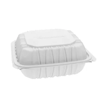 EarthChoice Vented Microwavable MFPP Hinged Lid Container, 3-Compartment, 8.5 x 8.5 x 3.1, White, Pl