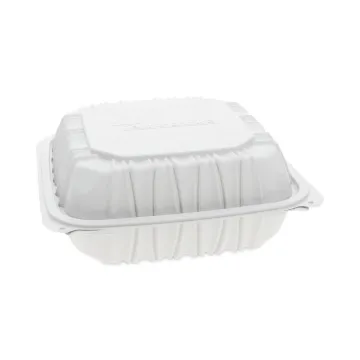 EarthChoice Vented Microwavable MFPP Hinged Lid Container, 8.5 x 8.5 x 3.1, White, Plastic, 146/Cart