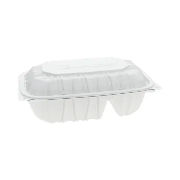 EarthChoice Vented Microwavable MFPP Hinged Lid Container, 2-Compartment, 9 x 6 x 3.1, White, Plasti