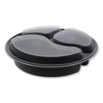 Newspring VERSAtainer Microwavable Containers, Round, 3-Compartment, 39 oz, 9 x 9 x 2.25, Black/Clea