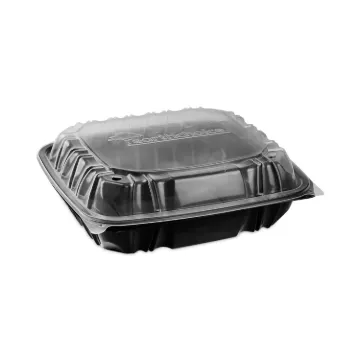 EarthChoice Vented Dual Color Microwavable Hinged Lid Container, 3-Compartment 34oz, 10.5x9.5x3, Bla