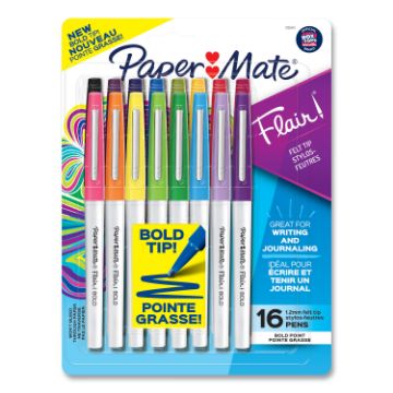 Flair Felt Tip Porous Point Pen, Stick, Bold 1.2 mm, Assorted Ink Colors, White Pearl Barrel, 16/Pac