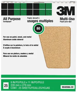 3M 99405 Sanding Sheet, 11 in L, 9 in W, Medium, 80 Grit, Aluminum Oxide Abrasive, Paper Backing