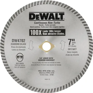DeWALT DW4702 Circular Turbo Blade, 7 in Dia, 5/8 in Arbor, Diamond Cutting Edge, Continuous Rim