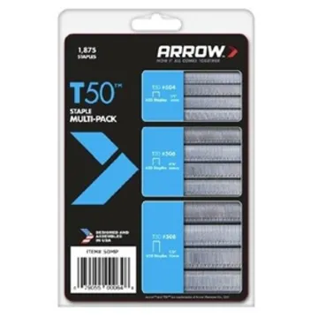 Arrow T50 Series 50MP Staple, 1/2 to 3/8 in L Leg, 1875, Multi-Pack