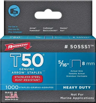 Arrow T50 Series 505SS1 Flat Crown Staple, 3/8 in W Crown, 5/16 in L Leg, 1000, Pack
