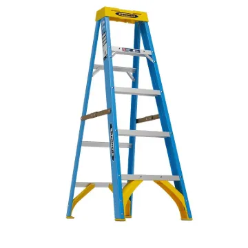 WERNER 6005 Step Ladder, 9 ft Max Reach H, 4-Step, 250 lb, Type I Duty Rating, 3 in D Step, Fibergla