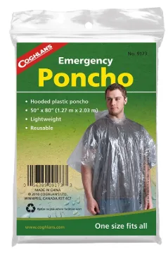 COGHLAN'S 9173 Emergency Poncho, One-Size, Polyethylene, Clear, Reusable Collar