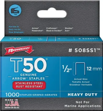 Arrow T50 Series 508SS1 Flat Crown Staple, 3/8 in W Crown, 1/2 in L Leg, 1000, Pack