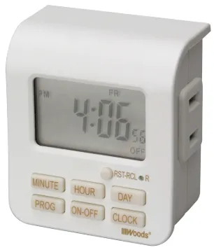 Woods 50008 Digital Timer, 10 A, 125 V, 1250 W, 7 day Time Setting, 20 On/Off Cycles Per Day Cycle,