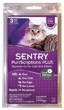 SENTRY PurrScriptions Plus 01981 Flea and Tick Squeeze-On, Liquid, Mild Acetate, 3 Count Package