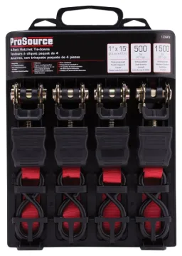 ProSource FH64069 Tie-Down, 1 in W, 15 ft L, Polyester Webbing, Metal Ratchet, Red, 500 lb, S-Hook E