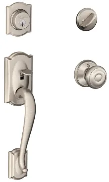 Schlage Camelot F60VCAM/GEO619 Handleset, Keyed Different Key, Brass, Satin Nickel, 2-3/8 x 2-3/4 in