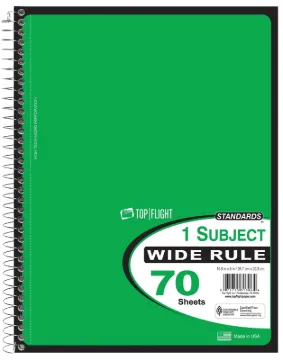 TOP FLIGHT WB70PF Series 4510816 Wide Rule Notebook, Micro-Perforated Sheet, 70-Sheet, Wirebound Bin