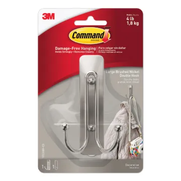 Command 17036BN-ES Large Double Hook, 4 lb, 1-Hook, Metal/Plastic, Gray, Brushed Nickel, 2, Pack