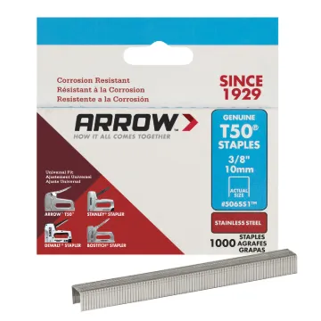 Arrow T50 Series 506SS1 Flat Crown Staple, 3/8 in W Crown, 3/8 in L Leg, 1000, Pack