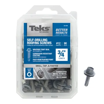 Teks 21408 Roofing Screw, #12 Thread, Fine Thread, Hexagonal Head, Hex Drive, Drill Point, Steel, Zi