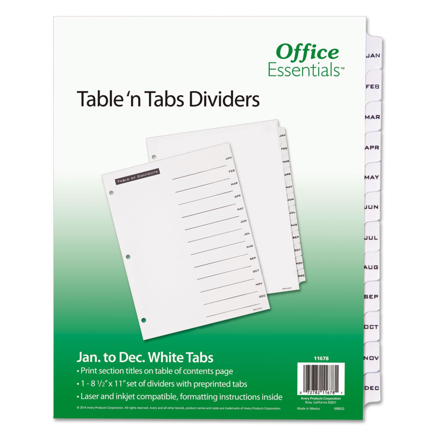 Table `n Tabs Dividers, 12Tab, Jan. to Dec., 11 x 8.5, White, 1 Set Plastic Express Inc.