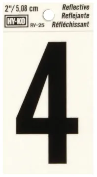 HY-KO RV-25/4 Reflective Sign, Character: 4, 2 in H Character, Black Character, Silver Background, V