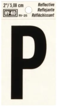 HY-KO RV-25/P Reflective Letter, Character: P, 2 in H Character, Black Character, Silver Background,