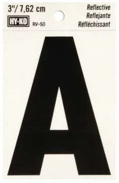 HY-KO RV-50/A Reflective Letter, Character: A, 3 in H Character, Black Character, Silver Background,