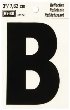 HY-KO RV-50/B Reflective Letter, Character: B, 3 in H Character, Black Character, Silver Background,