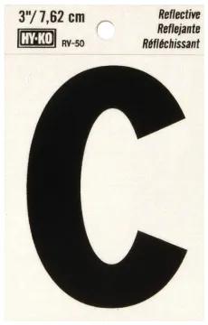 HY-KO RV-50/C Reflective Letter, Character: C, 3 in H Character, Black Character, Silver Background,