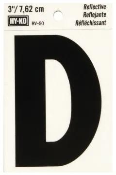 HY-KO RV-50/D Reflective Letter, Character: D, 3 in H Character, Black Character, Silver Background,